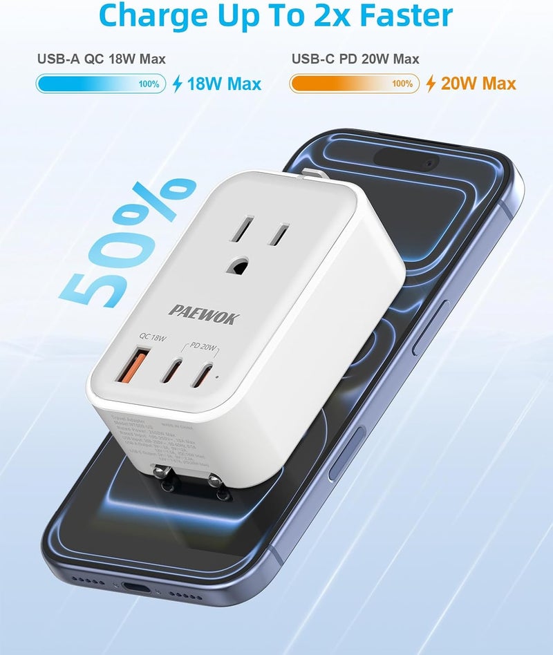 PAEWOK Universal Travel Adapter USB C, European Travel Power Adapter with 1 AC Outle and USB Fast Charging (PD 20W), Foldable Type C/G/A/I Plug, White - Image 5